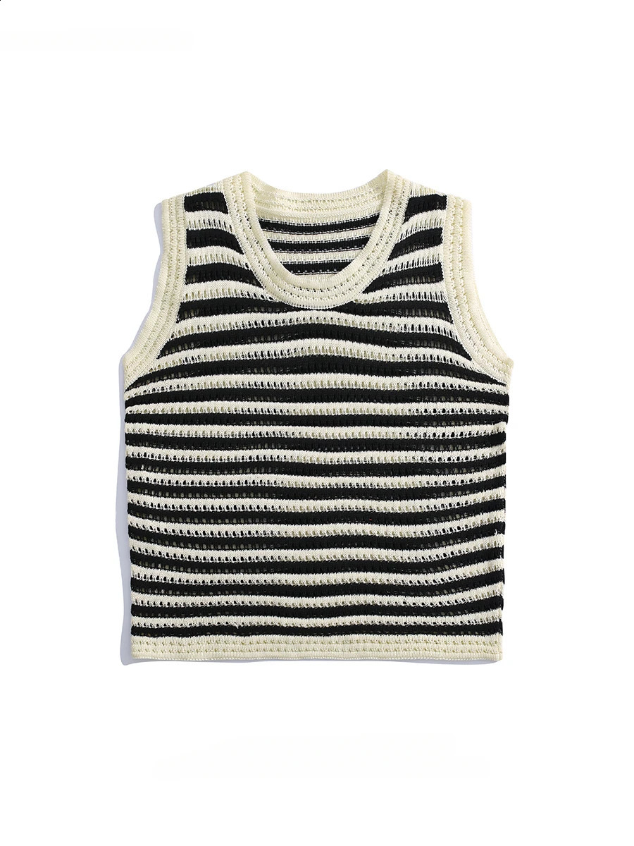 Mens O-neck Sleeveeless Striped Knitted Vests Tops Trendy High Street Summer Simple Loose Casual All-match Sweater Waistcoat 240701