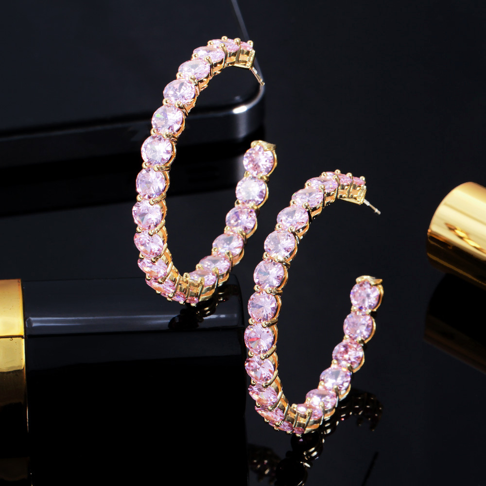 Elegant Temperament Ins Clip Earrings Sparkling Luxury Jewelry Real 925 Sterling Silver 18K Gold Round Cut Pink 5A Cubic Zircon CZ Diamond Women Weddi