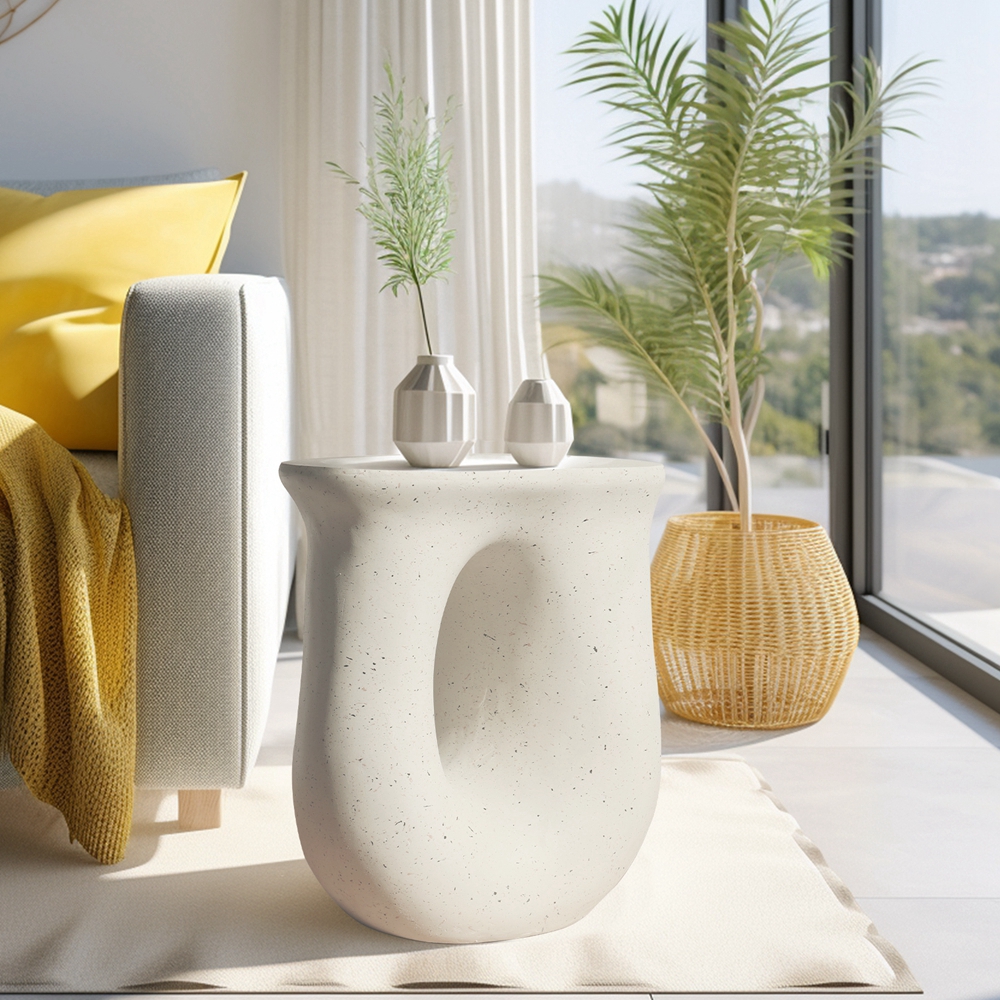 FATIVO Concrete Side Table: Modern U-shaped Geometric Lightweight Concrete Accent Table Garden Stool Decorative Side Table for Living Room, Home Decor