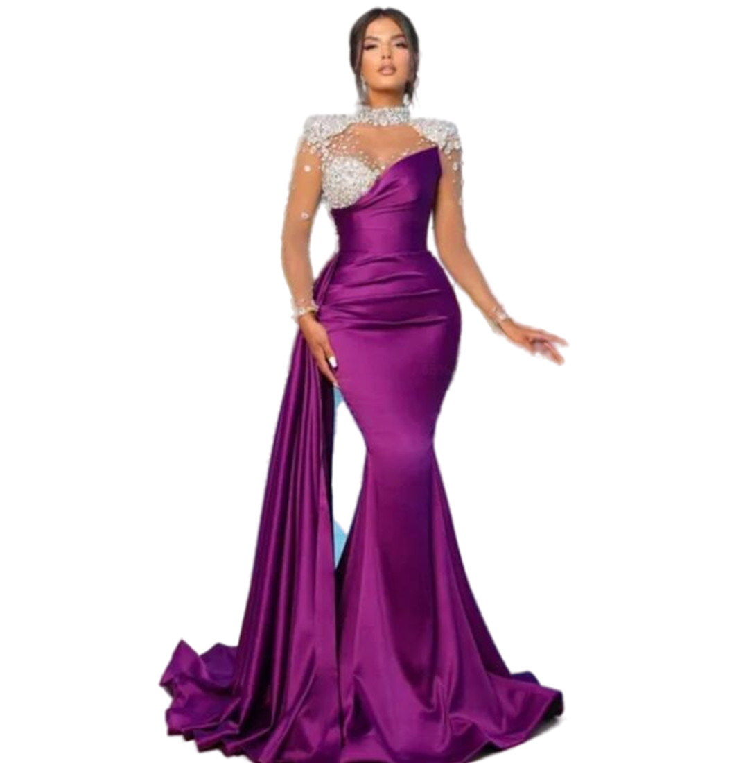 2024 Plus Size Purple Mermaid Prom Dresses For Special Occasion Beaded Crystals Satin Evening Formal Party Second Reception Birthday Engagement Gowns 