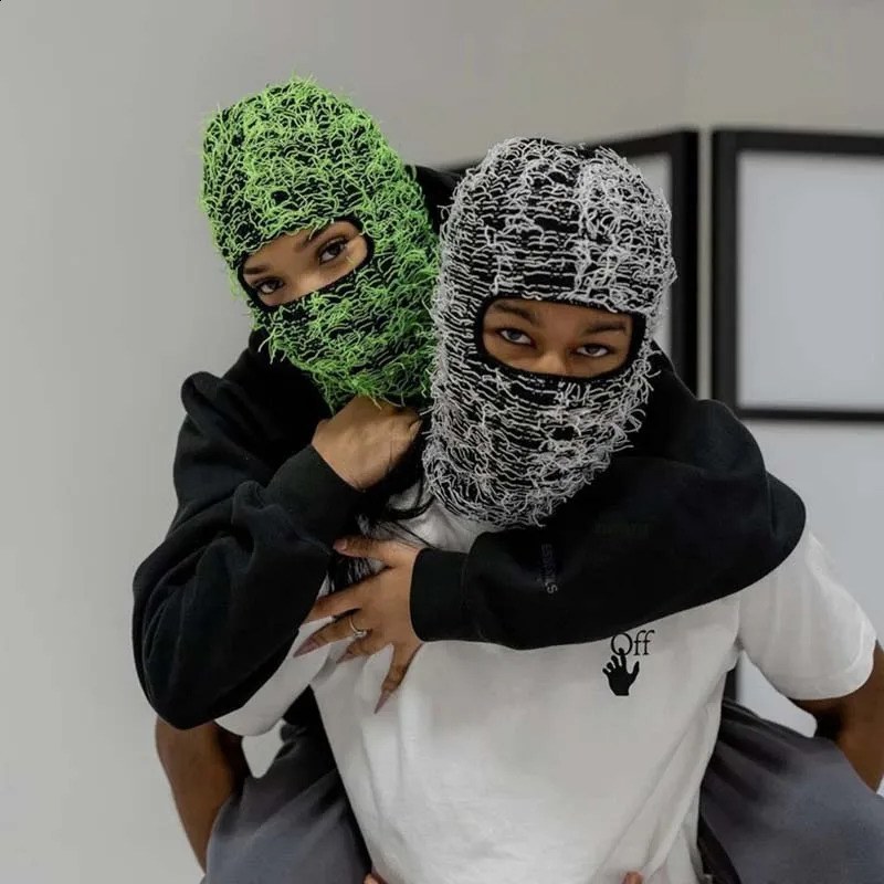 2024 Hip Hop Balaclava Distressed Knitted Caps Full Face Ski Mask Women Outdoor Camouflage Fuzzy Ski Balaclava Beanies Hat 240621