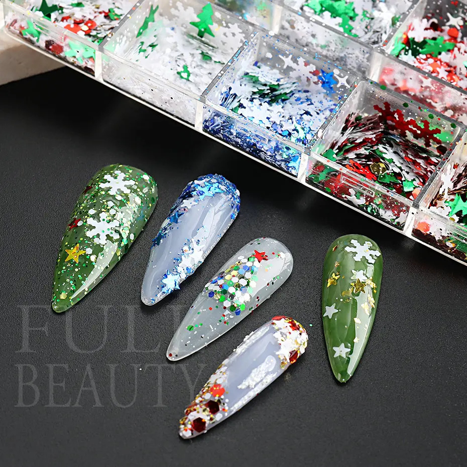 Merry Christmas Flakes Nails Art Glitter Green Red Xmas Sequins White Snowflakes Stars Paillette Winter Manicure Decoration #SDF 240701