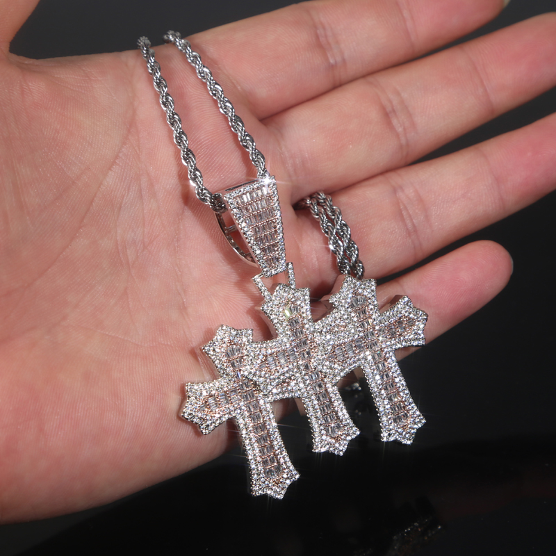 High Quality 3pcs Cross Set Pendant Necklace Iced Out Bling Cz Cubic Zirconia Link Chain Luxury Hip Hop Jewelry for Gift