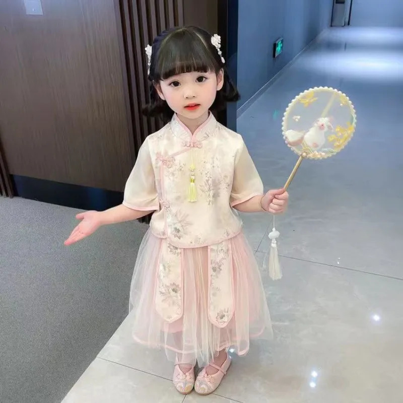 Girls Hanfu Summer Suit Skirt Super Fairy Fresh Princess Ancient Chinese Style Children Clothes Little Girls Tang Clothes 240701