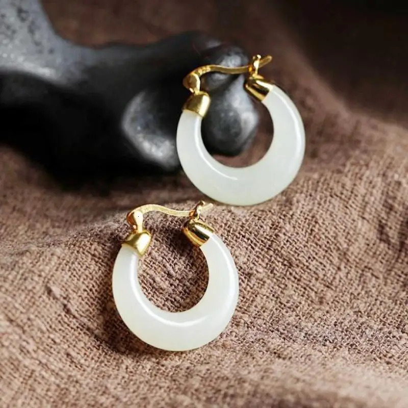 Natural White Jade Crescent Hoop Earrings Women Fine Jewelry Genuine Hetian Jades Nephrite Crescent Moon Dangle Earring 240701