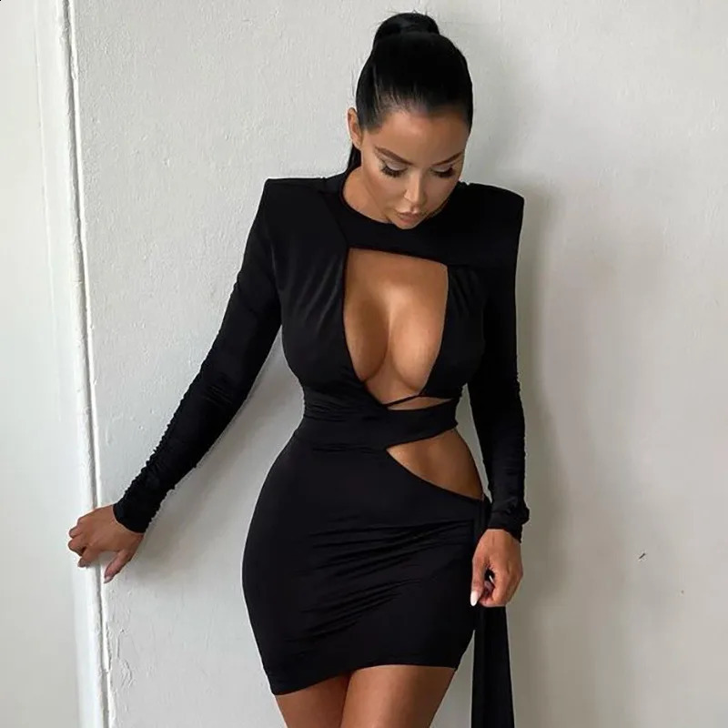 CNYISHE Black Sexy Cut Out Bodycon Dresses Women Bandage Long Sleeve Elegant Party Bodycon Midnight Dress Vestido Baddie Clothes 240701