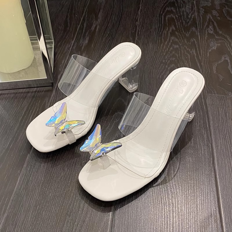 Summer 2024 New Bow Clip Toe Crystal Clear High Heels Women's Heel Square Toe Block Heel Wear Sandals