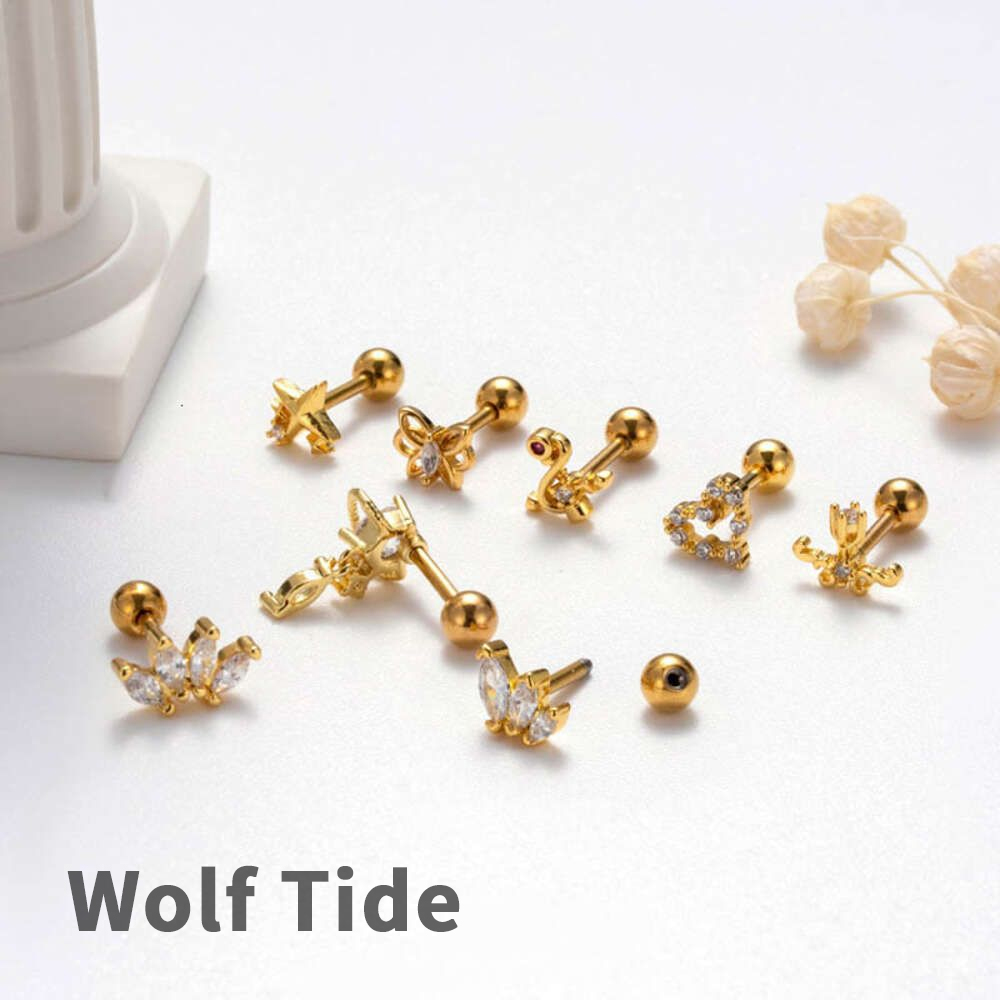 Wolf Tide Earring Screw Flower Heart Barbell Studs Surgical Stainless Steel Ear Ring Earrings Popular Piercing Cubic Zircon Screws Ear Bone Stud Body 