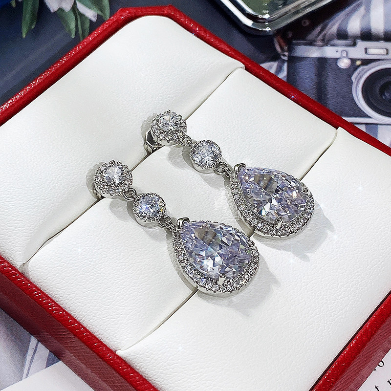 White Gold Filled Water Drop Zircon Dangle Earrings for Women Bridal Promise Jewelry Gift