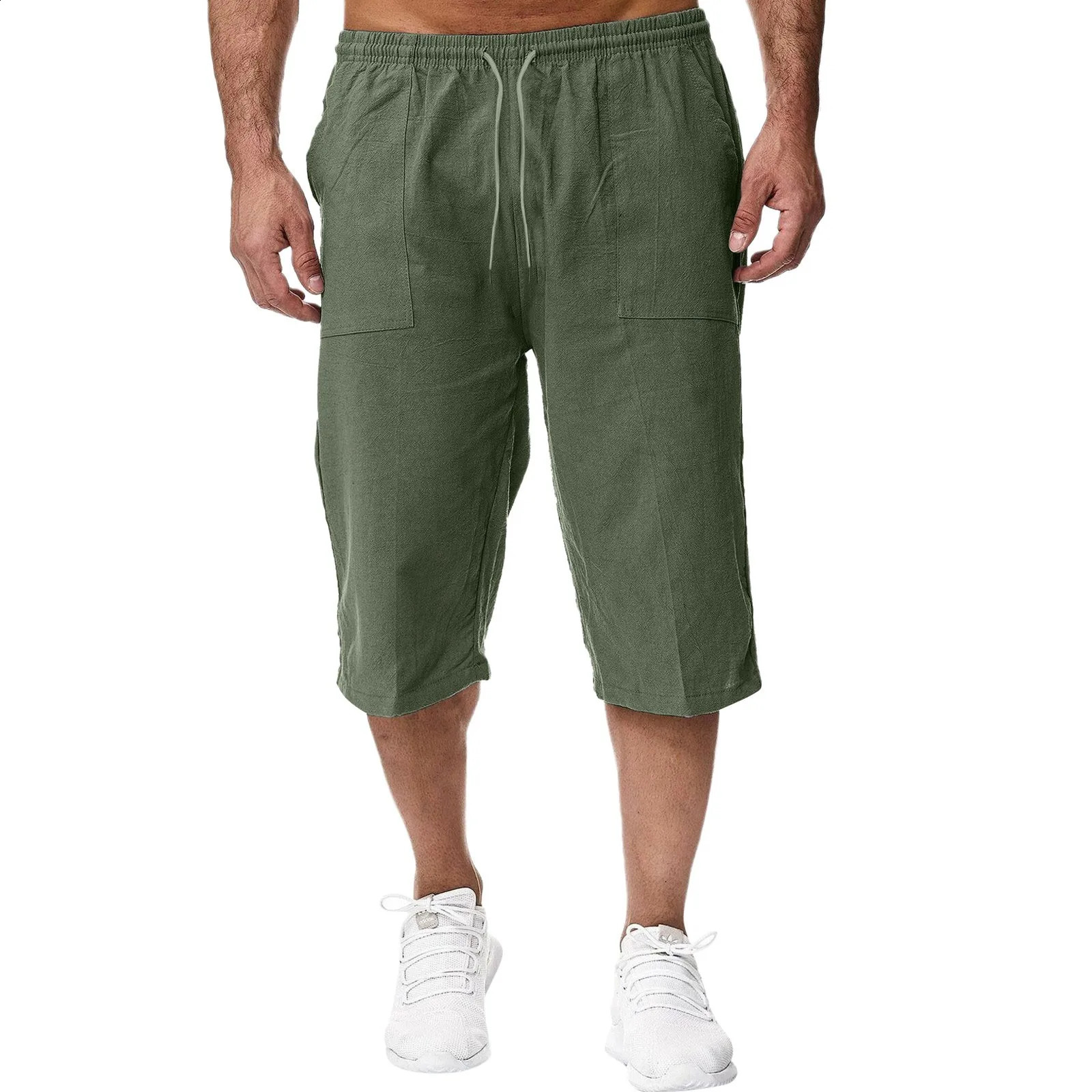 Summer mens casual shorts cotton blend long elastic waist loose pockets drawstring 3/4 length short sleeves daily wear 240701