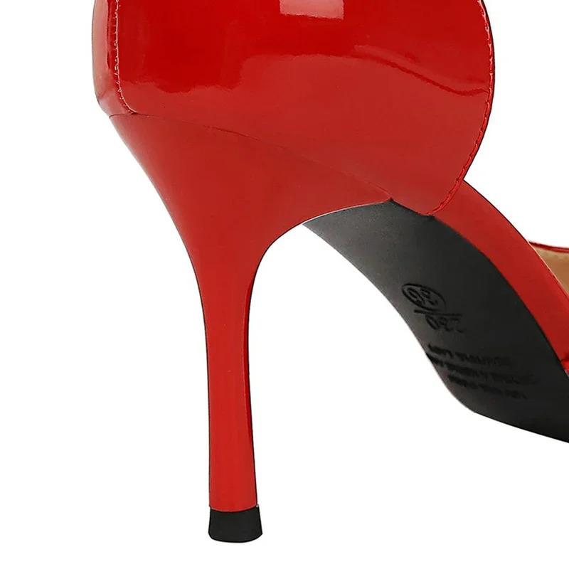 Size 34-43 Women 8cm Thin High Heels Pumps Lady Shallow Pointed Toe Mid Heels Side Hollow Patent Leather Nude Burgundy Red Shoes 240701 - view 6