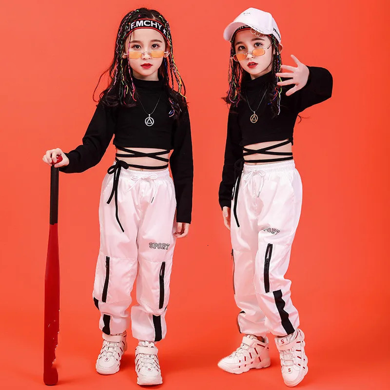 Girl Clothes Summer Chidren Hip Hop Clothing Cotton Black Long Sleeve Crop Tshirt White Polyester Pant 2 Pcs Streetwear Suit 240701