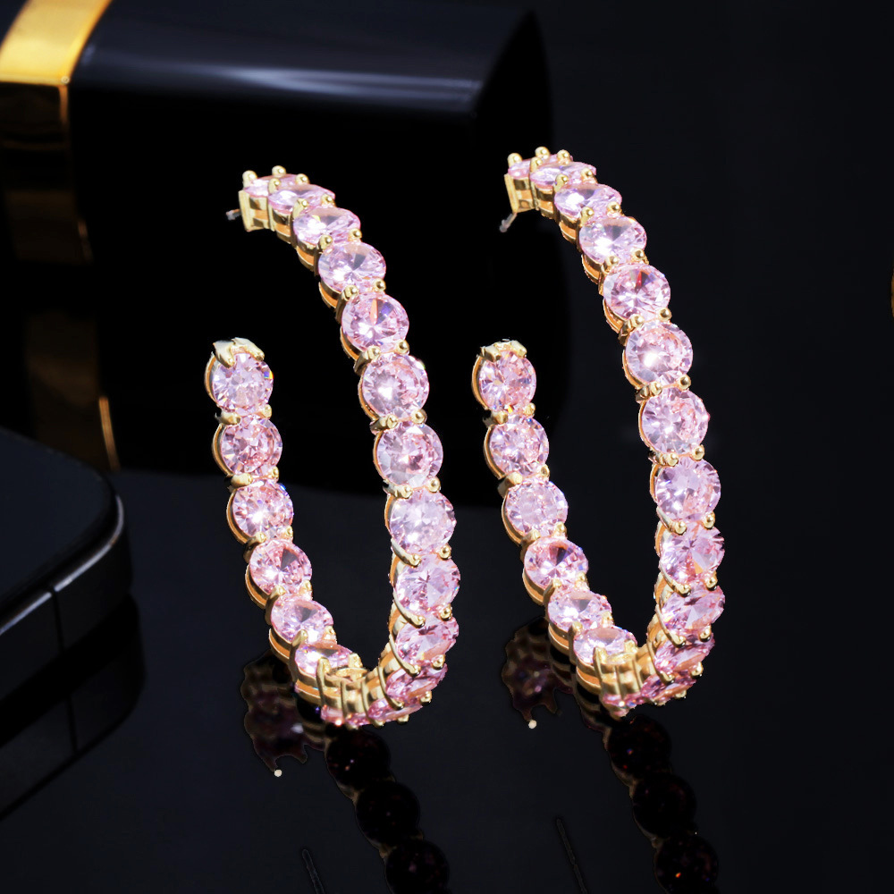Elegant Temperament Ins Clip Earrings Sparkling Luxury Jewelry Real 925 Sterling Silver 18K Gold Round Cut Pink 5A Cubic Zircon CZ Diamond Women Weddi