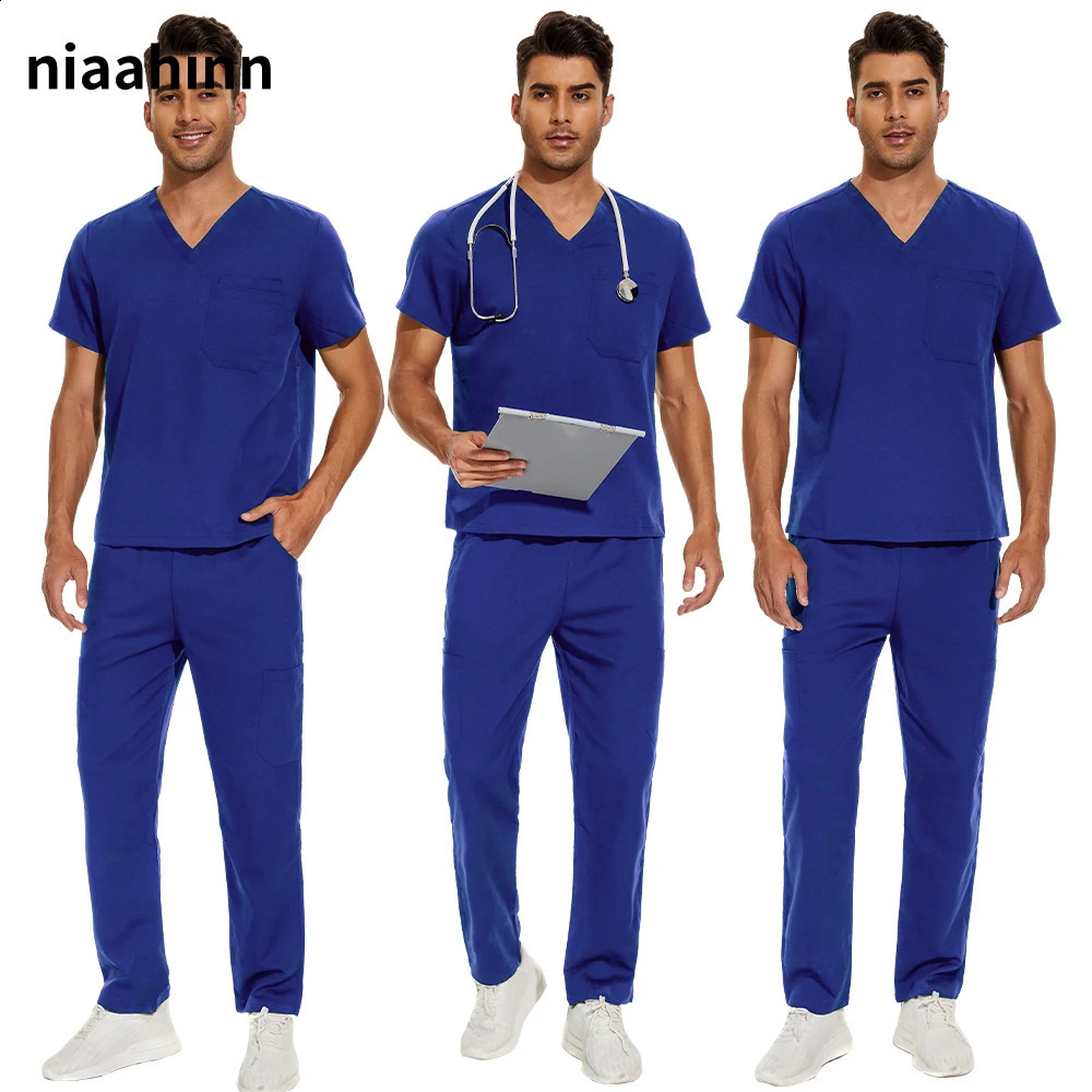 Short Sleeve Mens Scrub Uniforms Doctor Overcoats Dentist Set Tops Pants Man or Women Nurse Work Wear Lab Pharmacy Gown 240701