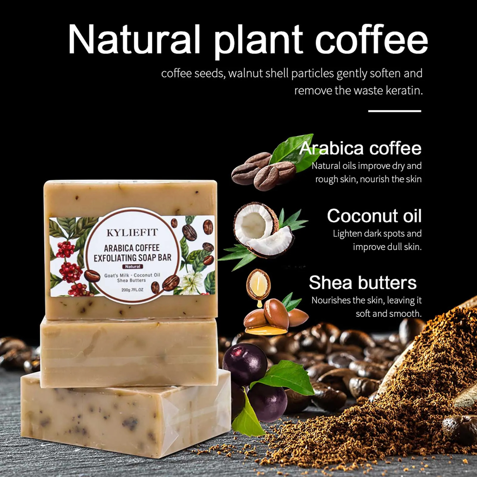 KYLIEFIT Arabica Coffee Exfoliating Soap Bar Deep Cleaning Smooth With Goats Milk Coconut Oil Shea Butter 240701