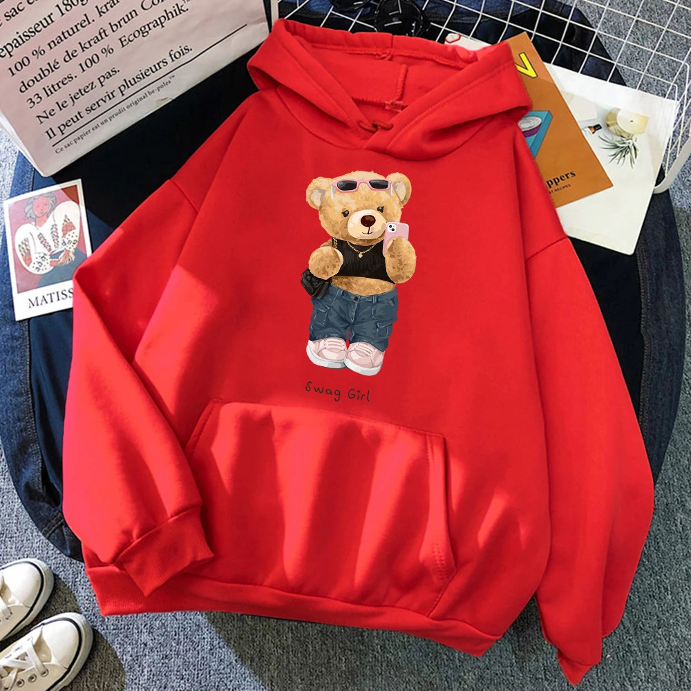 Street Teddy Bear Selfie Swag Girl Funny Women Clothes Breathable Loose Hoodies Harajuku Pocket Sweatshirt Soft Crewneck Hoody 240701