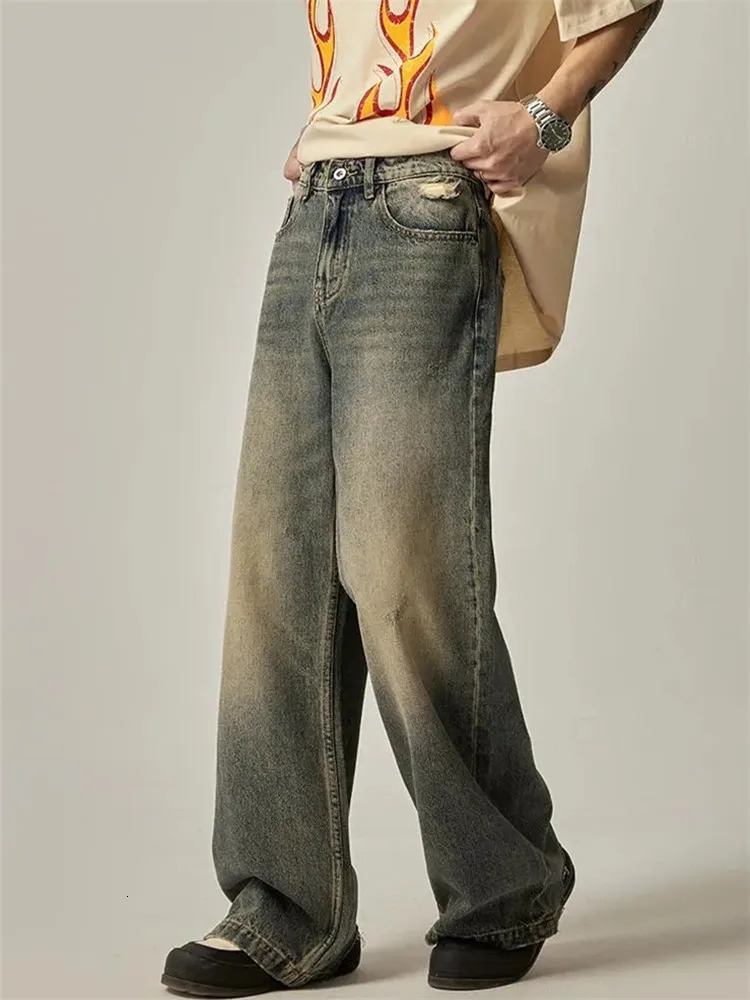 Vintage Blue Jeans Mens Clothing Spring and Autumn Holes Y2K Straight Pants Button Pocket Loose Trousers A030 240701