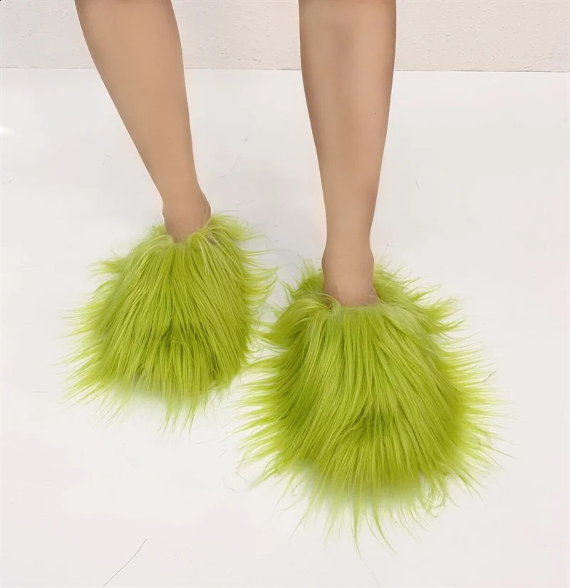 Fuzzy Slides Open Toe Raccoon Fur Womens Flat Bottom Half Slide 240701