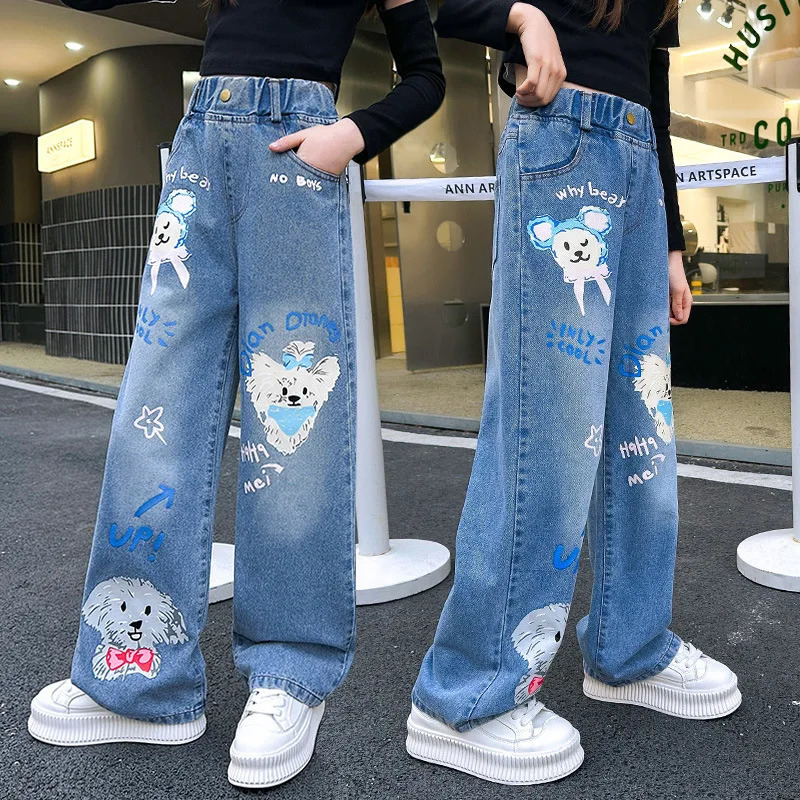 Jeans for Girls Fashion Cartoon Printed Long Denim Trousers Teens Kids Cute Dog Pattern Wide Leg Pants 5 7 9 11 13 14Y 240701