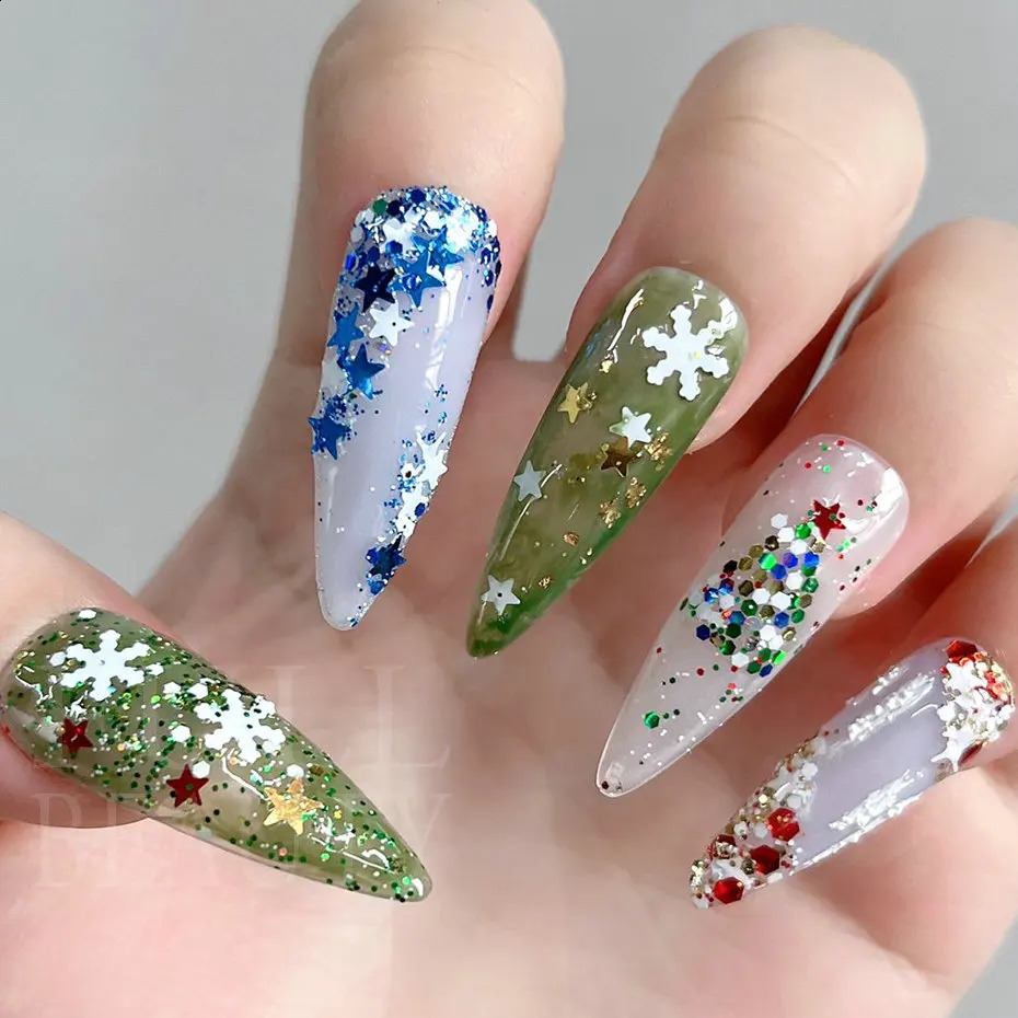 Merry Christmas Flakes Nails Art Glitter Green Red Xmas Sequins White Snowflakes Stars Paillette Winter Manicure Decoration #SDF 240701
