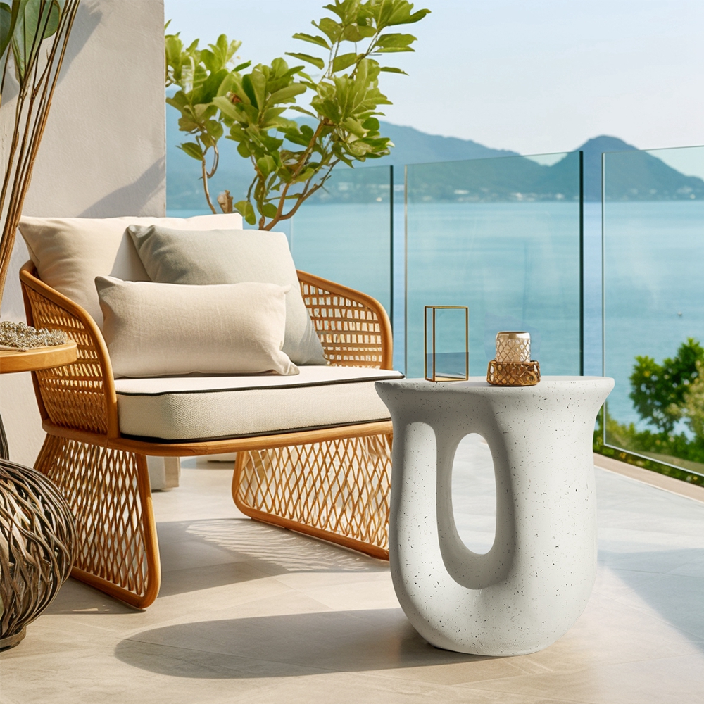 FATIVO Concrete Side Table: Modern U-shaped Geometric Lightweight Concrete Accent Table Garden Stool Decorative Side Table for Living Room, Home Decor