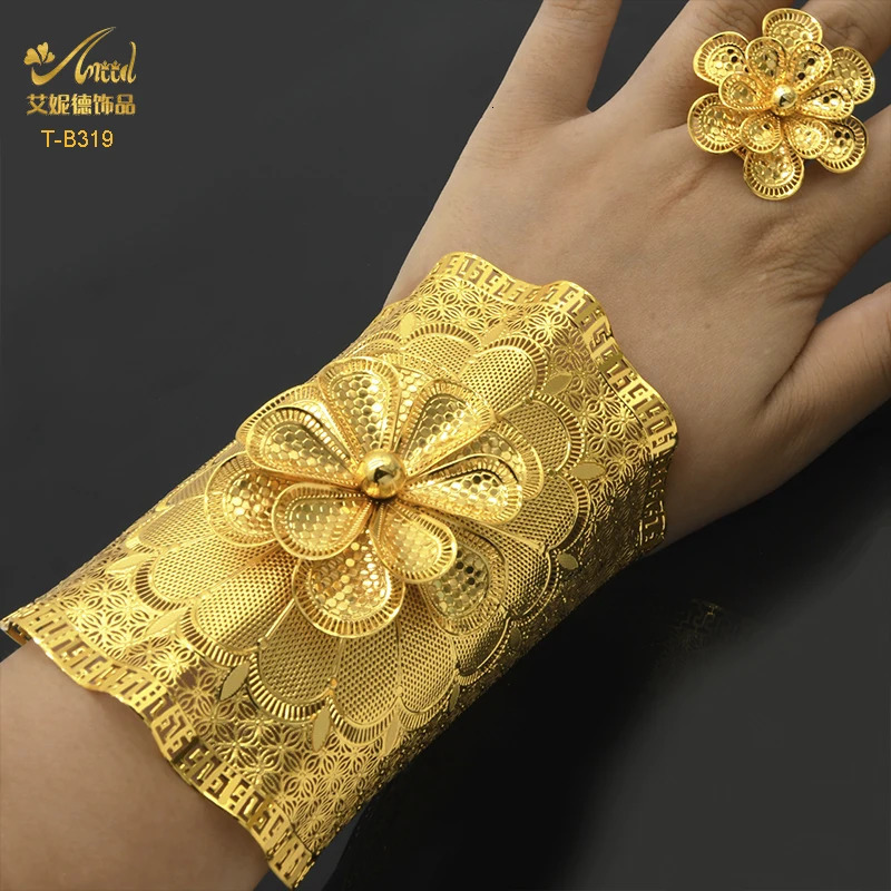 ANIID Dubai Wholesale Gold Color Bangles With Ring For Women Indian Charm Bracelet Jewellery Arabic Wedding Party Banquet Gifts 240626