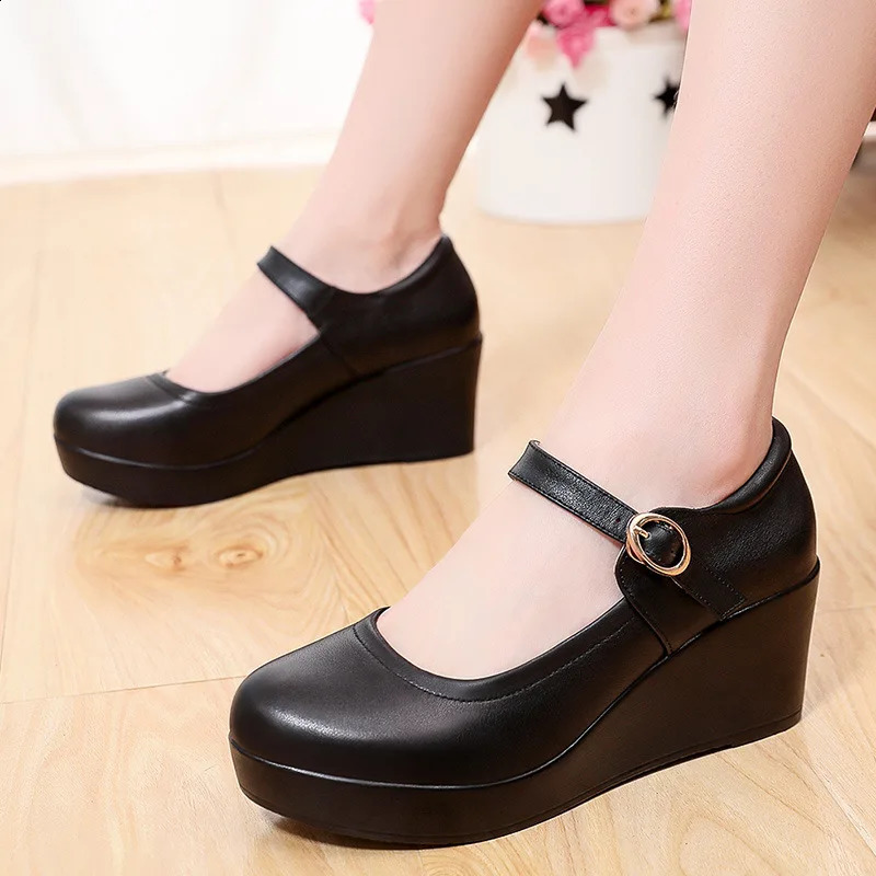 Small Big Size 33-43 Shallow Thick Bottom Genuine Leather Shoes Platform Pumps Fall Womens High Heels Wedges Shoes Office 250228 - view 5