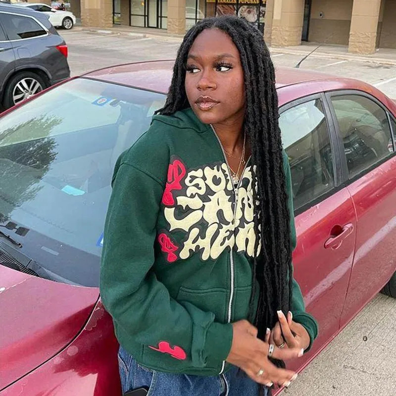 Harajuku Jacket Letter Foam Print Coat Men Women Jackets Zip Hooded Sweatshirt Oversized Long-sleeved Zipper Top Casual Hoodies 240701