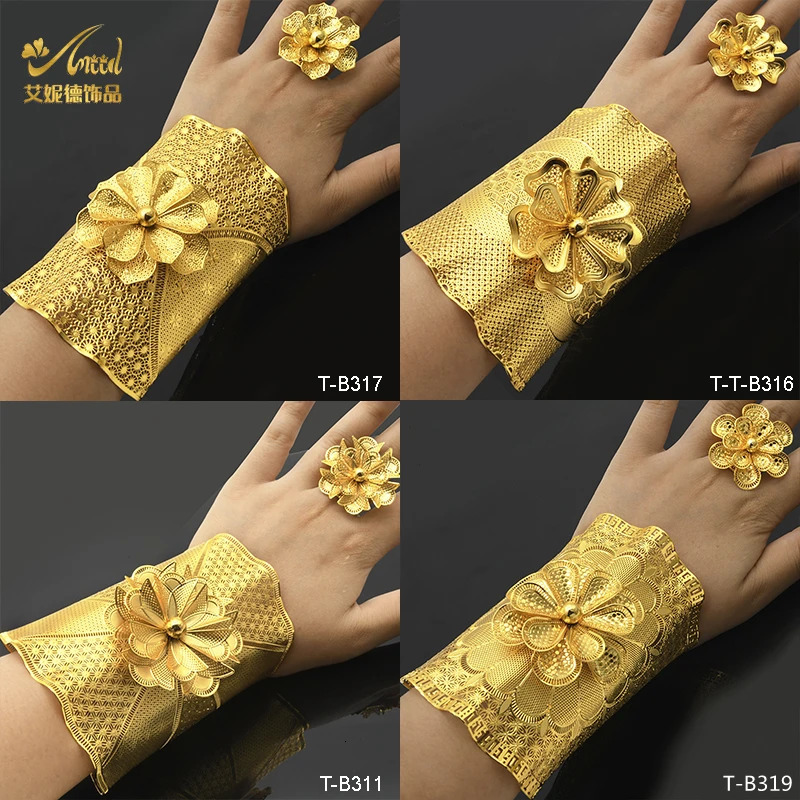 ANIID Dubai Wholesale Gold Color Bangles With Ring For Women Indian Charm Bracelet Jewellery Arabic Wedding Party Banquet Gifts 240626