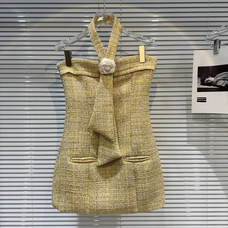 PREPOMP Summer Arrival Sleeveless Strapless Petal Applique Necktie Halter Yellow Tweed Short Mini Dress Women GP584 240625