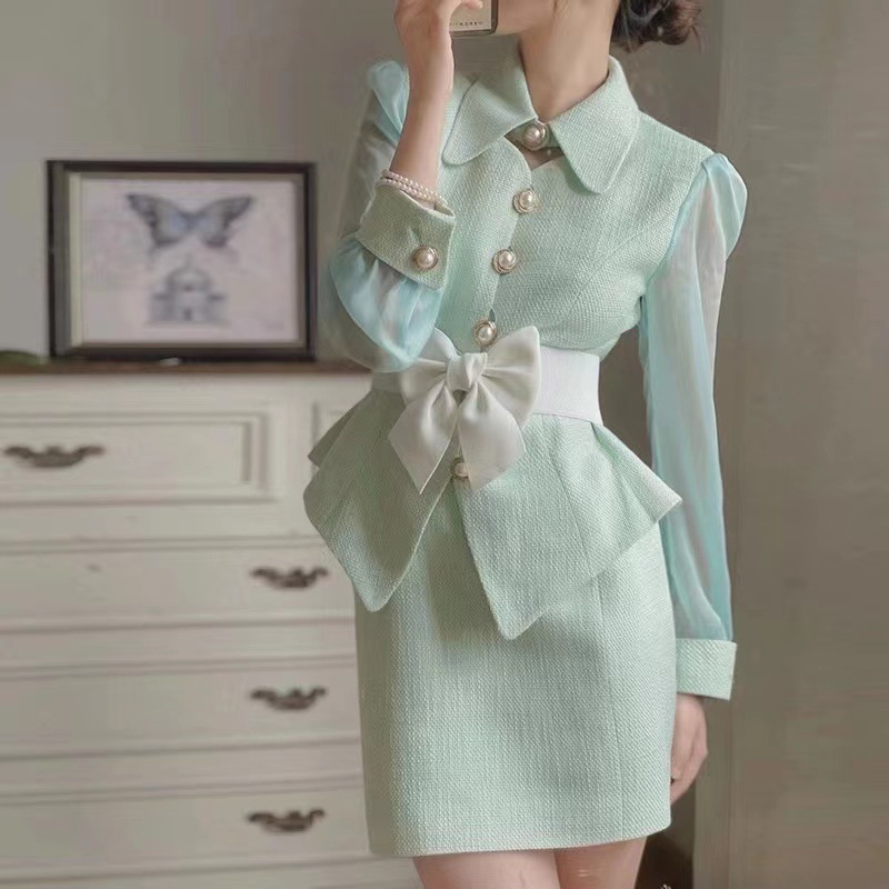 Two Piece Dress Women's Set White Autumn/Winter Long-Sleeved Tassel Ladies Tweed jacket Skirt Suit fashion Professional 2-Piece Set