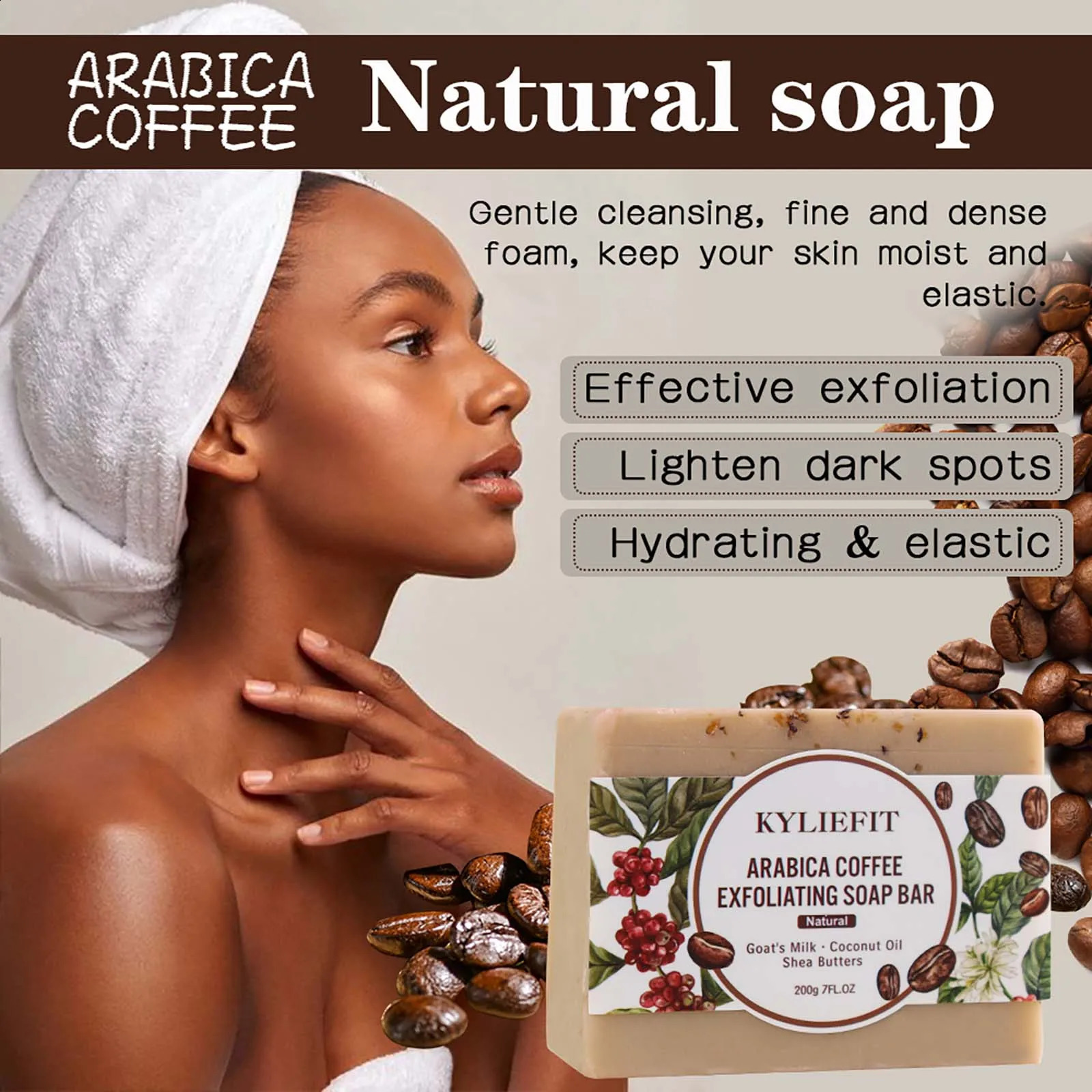 KYLIEFIT Arabica Coffee Exfoliating Soap Bar Deep Cleaning Smooth With Goats Milk Coconut Oil Shea Butter 240701