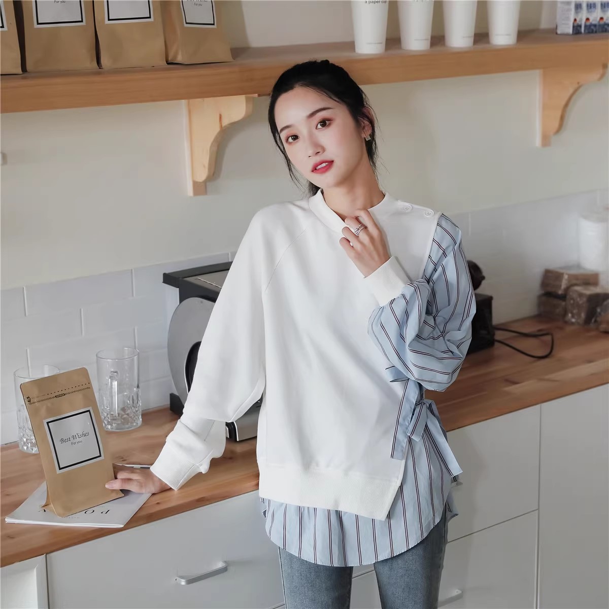 Loose Fit Striped Spliced Hit Color Sweatshirt New Round Neck Long Sleeve Women Big Size Fashion Spring Autumn