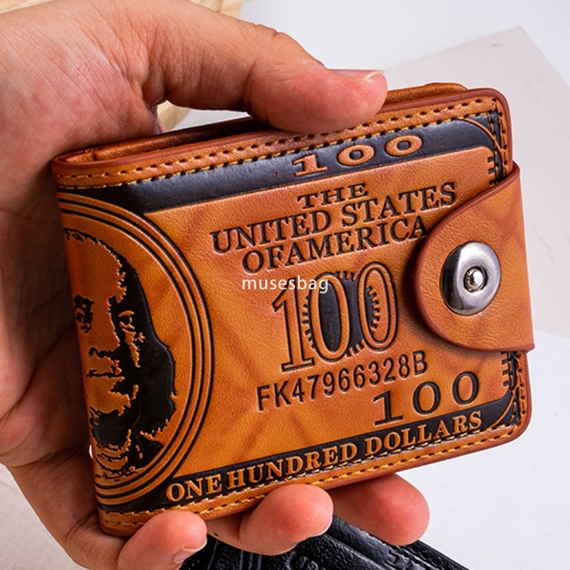 Fashionable high-end US dollar wallet for both men and women personalized magnetic buckle pressure changes to 100 yuan US dollar short wallet PU leath