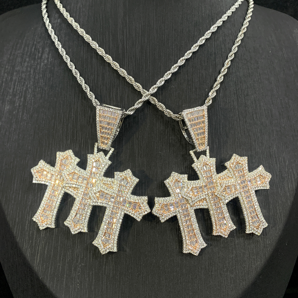 High Quality 3pcs Cross Set Pendant Necklace Iced Out Bling Cz Cubic Zirconia Link Chain Luxury Hip Hop Jewelry for Gift