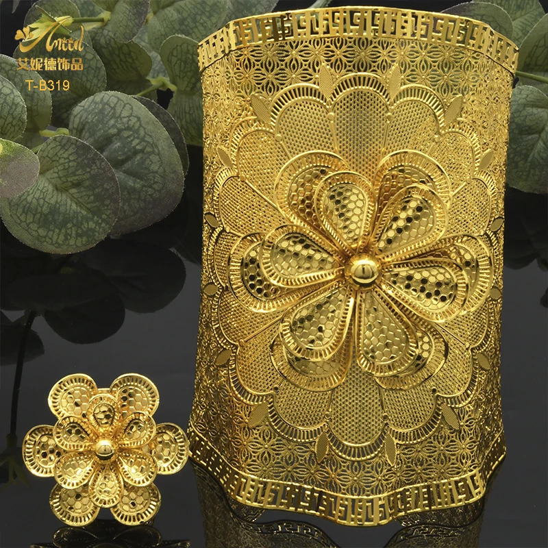 ANIID Dubai Wholesale Gold Color Bangles With Ring For Women Indian Charm Bracelet Jewellery Arabic Wedding Party Banquet Gifts 240626