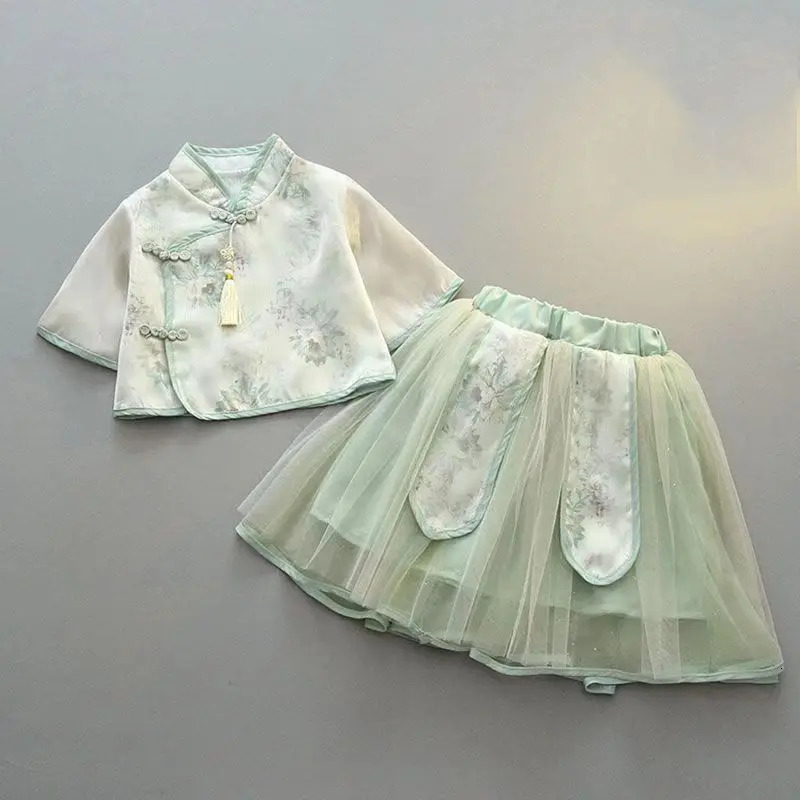Girls Hanfu Summer Suit Skirt Super Fairy Fresh Princess Ancient Chinese Style Children Clothes Little Girls Tang Clothes 240701