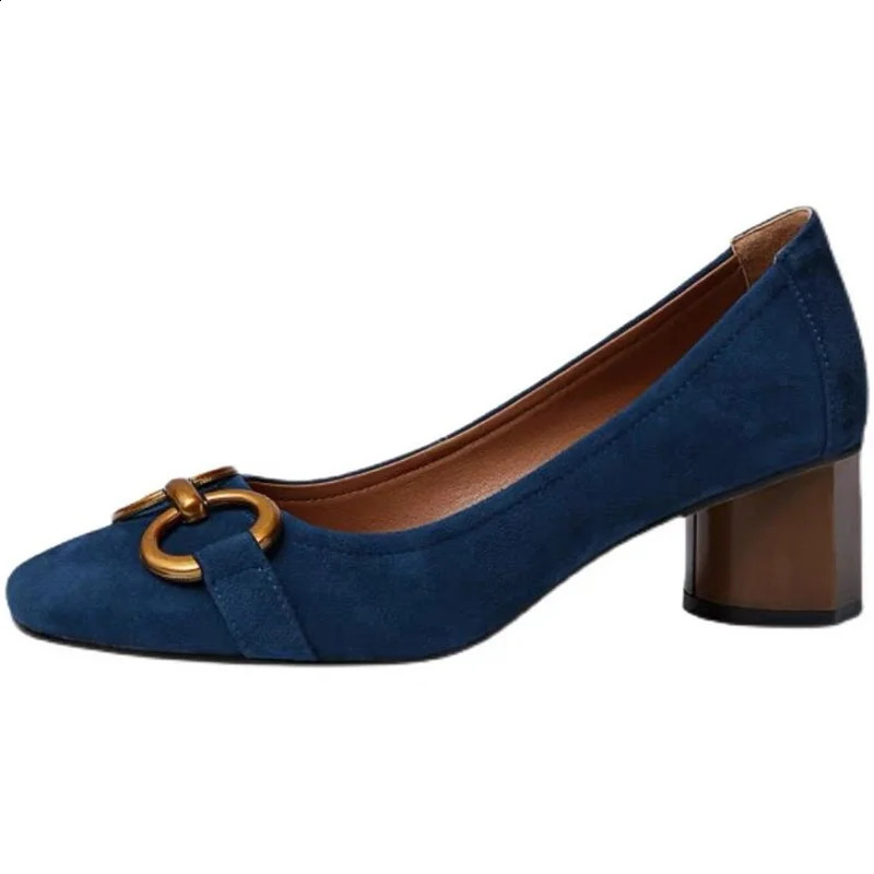 Women Spring Pumps Fasion French Retro Square Toe Brushed Metal Thick Medium Heels Boat Female Slip-on Professional Shoes Mujer 240702