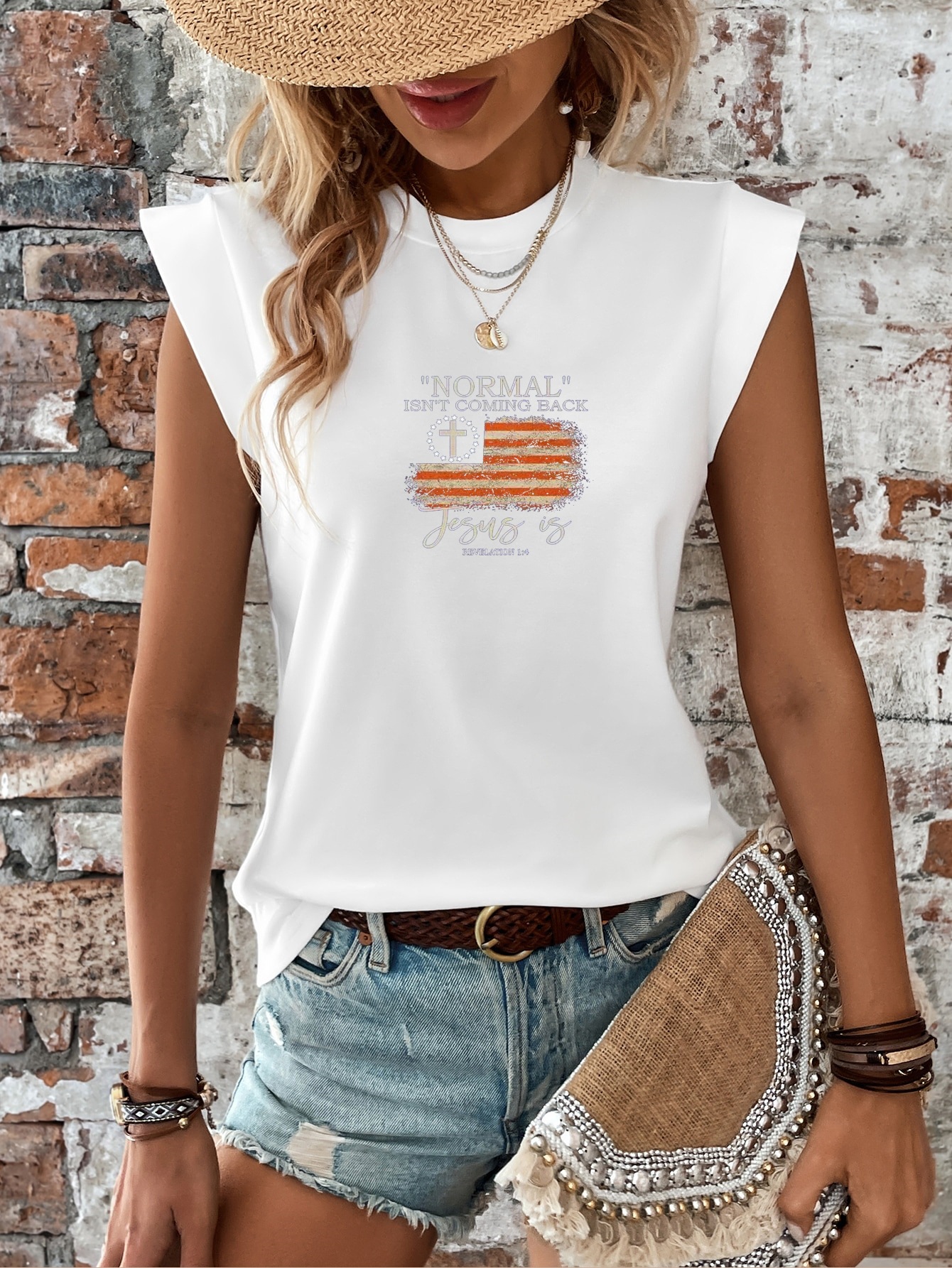tops t shirt women clothes woman top Women USA Flag Printed American Flag Sleeveless Top Crew Neck Spandex Polyester Casual Letter Print SIZE S-2XL T-