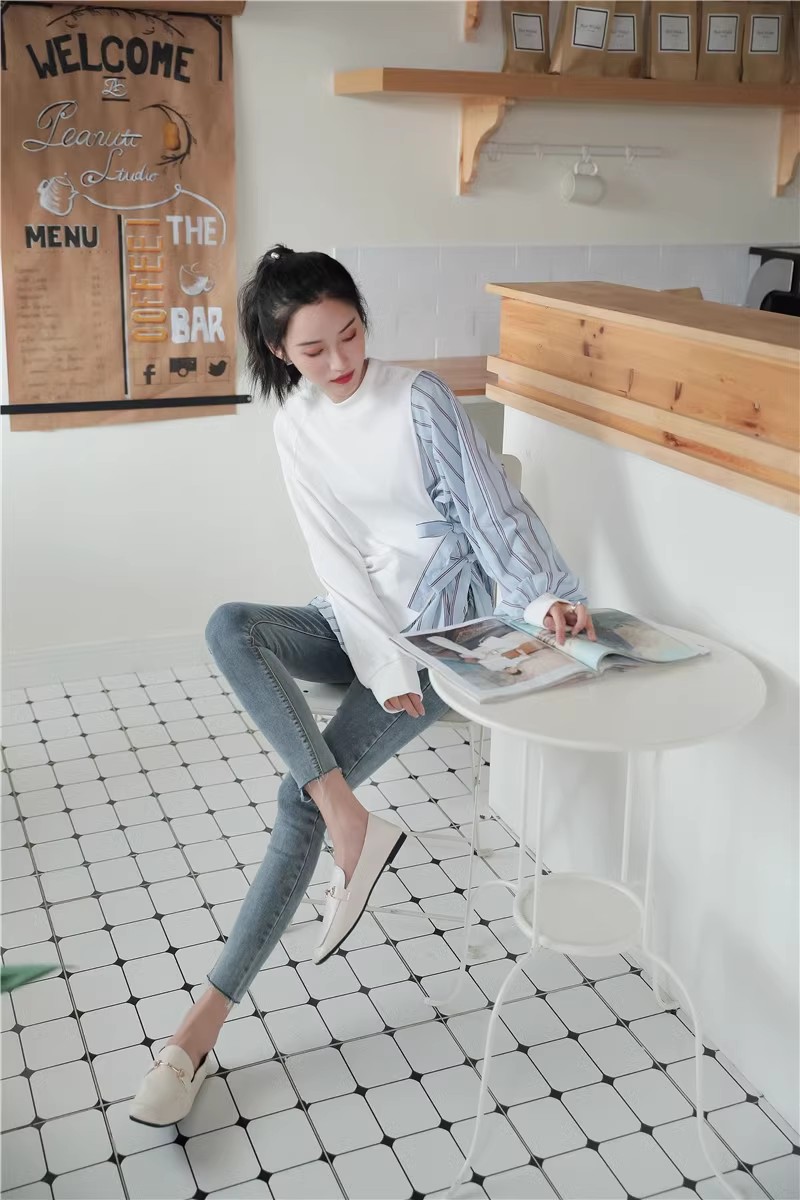 Loose Fit Striped Spliced Hit Color Sweatshirt New Round Neck Long Sleeve Women Big Size Fashion Spring Autumn