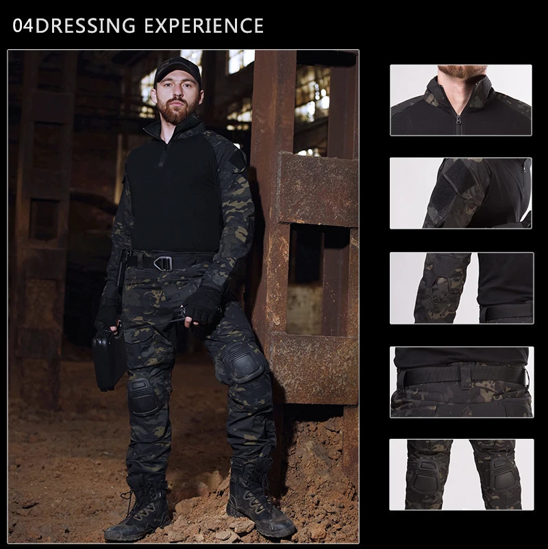 Army Tactical Shirt With Pad Man Shirts Military Combat Long Hunting Cothes Camouflage Paintball T 8XL 240620