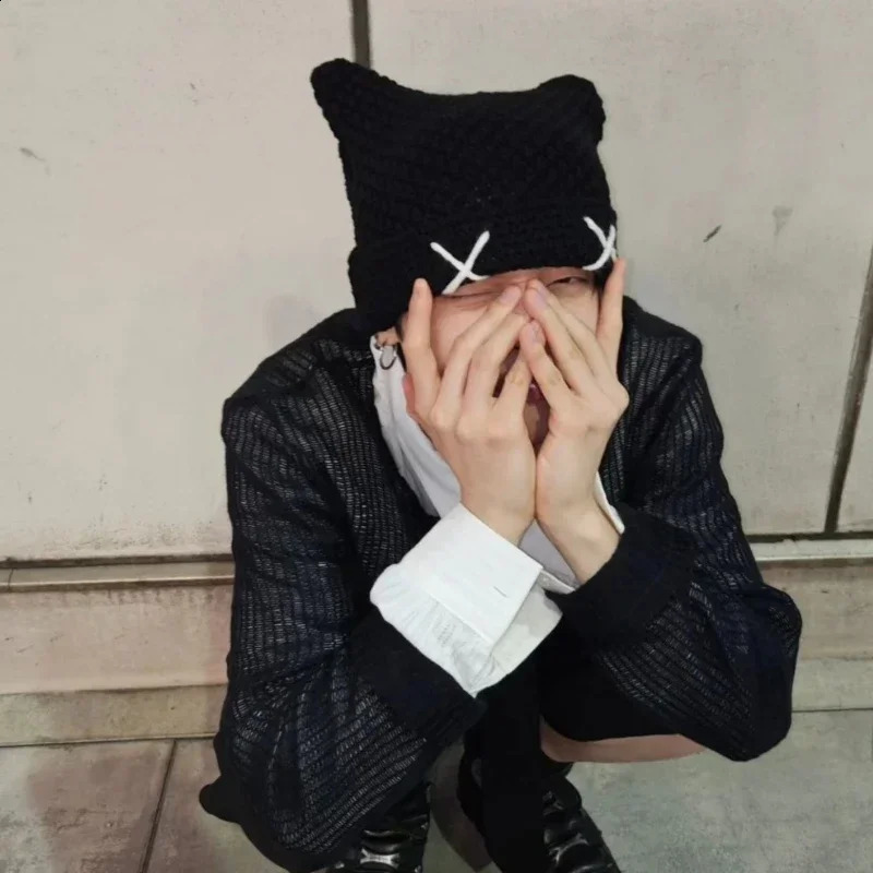 Y2k Devil Cat Ear Knitted Womens Hats Autumn and Winter Fashion Warm Korean Version Street Versatile Pullover Beanies for Men 240621