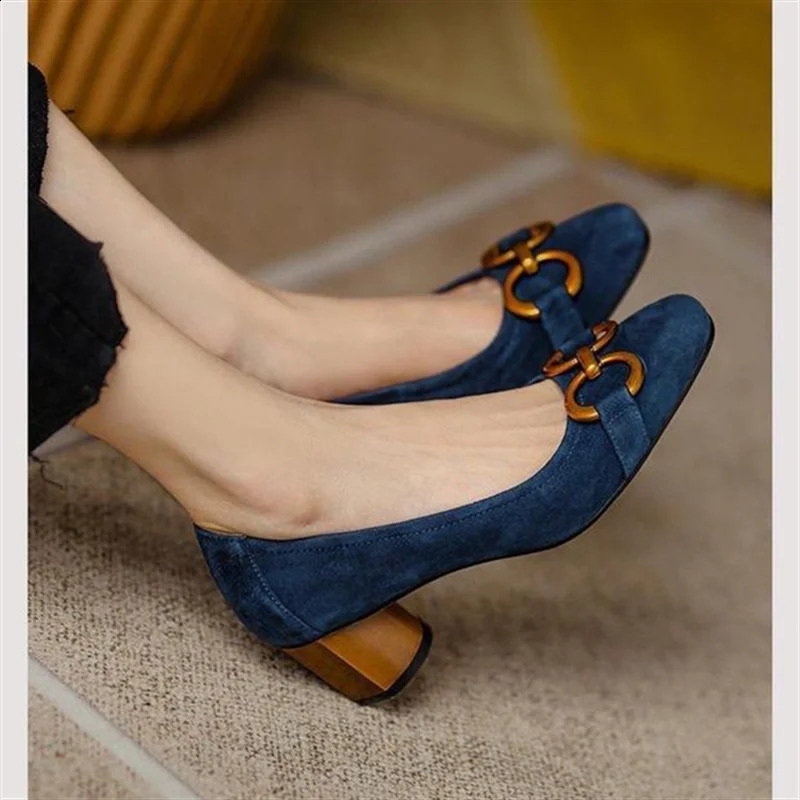Women Spring Pumps Fasion French Retro Square Toe Brushed Metal Thick Medium Heels Boat Female Slip-on Professional Shoes Mujer 240702