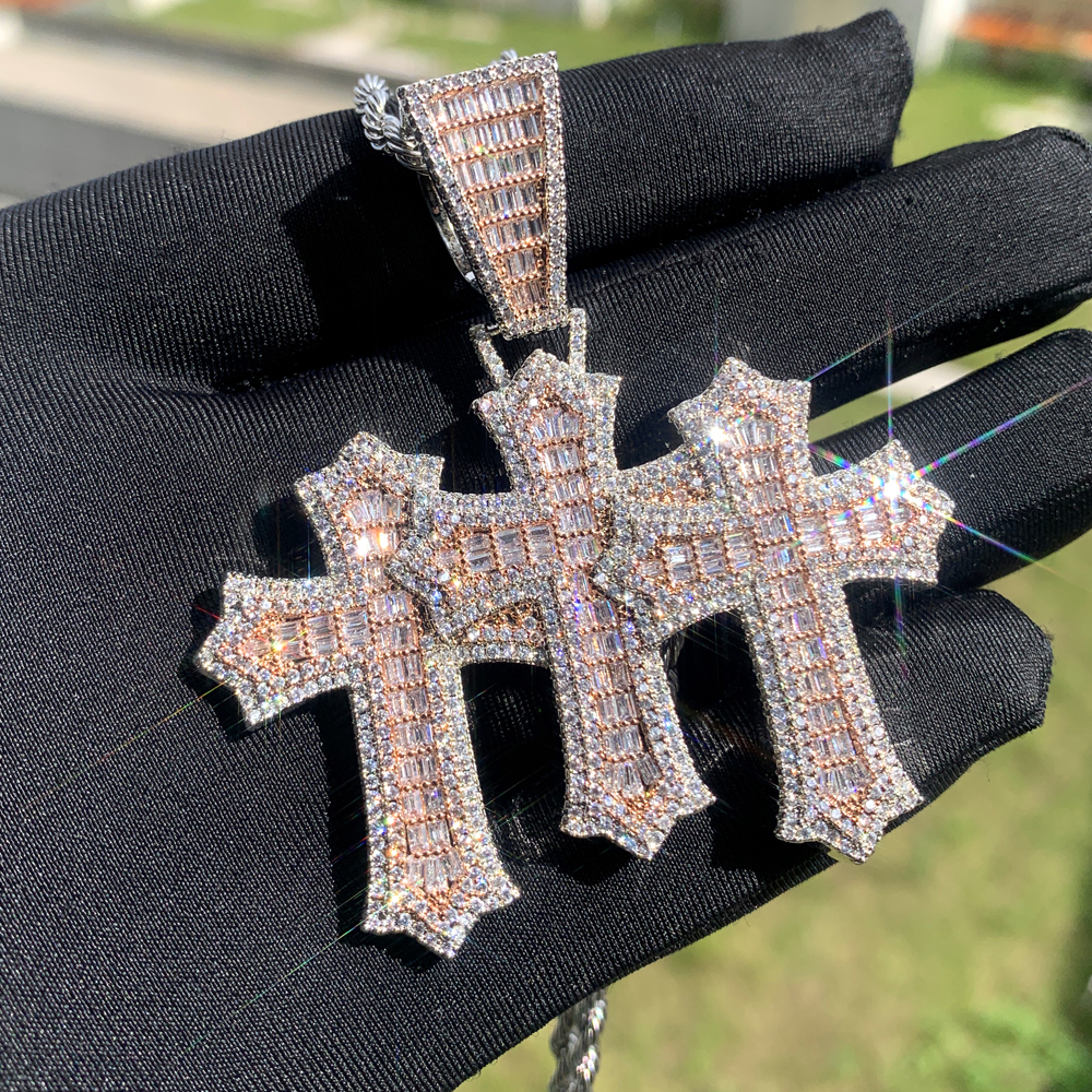 High Quality 3pcs Cross Set Pendant Necklace Iced Out Bling Cz Cubic Zirconia Link Chain Luxury Hip Hop Jewelry for Gift