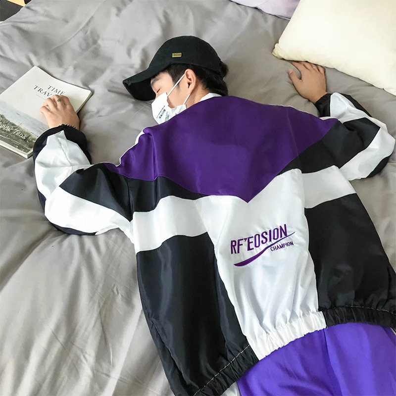 Varsity Thin Jacket Men Women Harajuku Casual Color-block Baggy Coat High Street Patchwork Lapel Track Top Spring Couple Outwear 240701