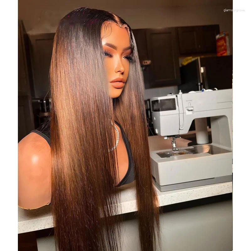 Soft Preplucked 180%Density 26Inch Long Ombre Brown Silky Straight Lace Front Wig For Women With Baby Hair Heat Resistant Daily
