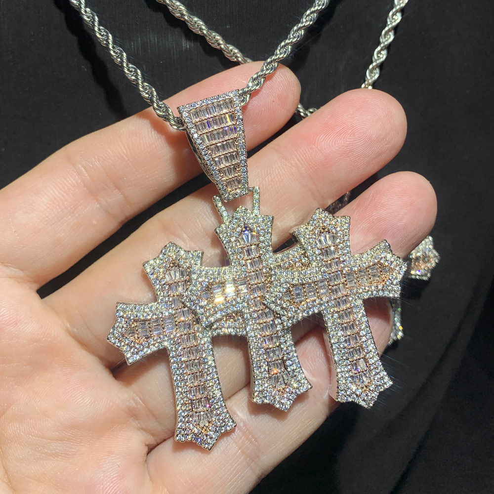 New Iced Out Bling Cz Cubic Zirconia Paved 3pcs Cross Set Pendant Necklace Link Chain Luxury Hip Hop Jewelry for Gift