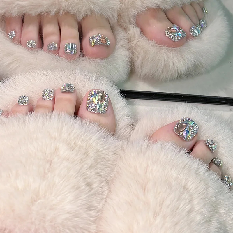 24pcs Colorful Diamond Fake ToeNails Short Square Summer Aurora Silver Sparkling False ToeNails Press On Manicure Feet Nail Tips 240914