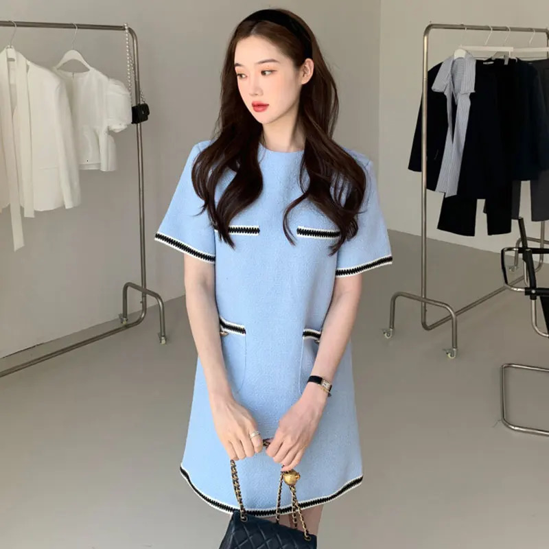 Simple O Neck Contrast Pocket Loose Short Sleeve Tweed Dress Women Vestidos Mujer Elegant Wrap Hip Y2k Korean Robe 240625