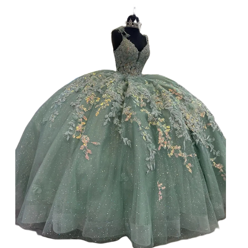 Spaghetti Sage Green Quinceanera Dresses With Bow Back Lace-Up 2024 Glitter Sequins Lace Appliques Ball Gown Sweet 16 Dress Vestidos De 15 Anos Corset